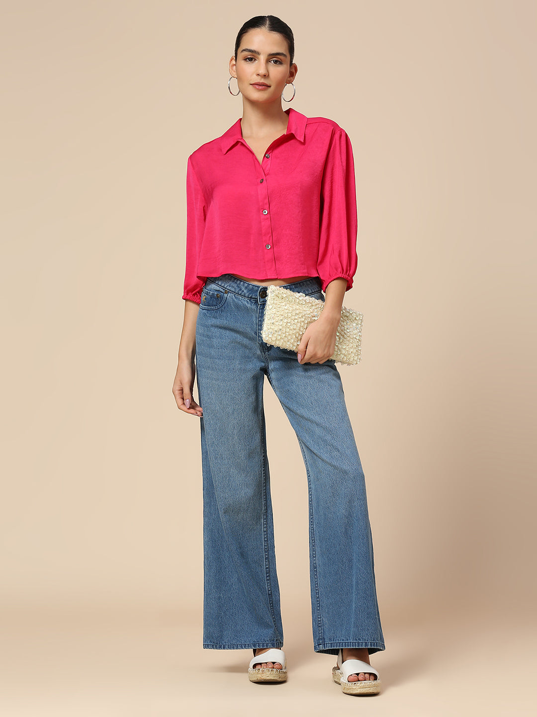 CRUSHED POLY CROPPED SHIRT W/ ELASTICATED SLEEVES