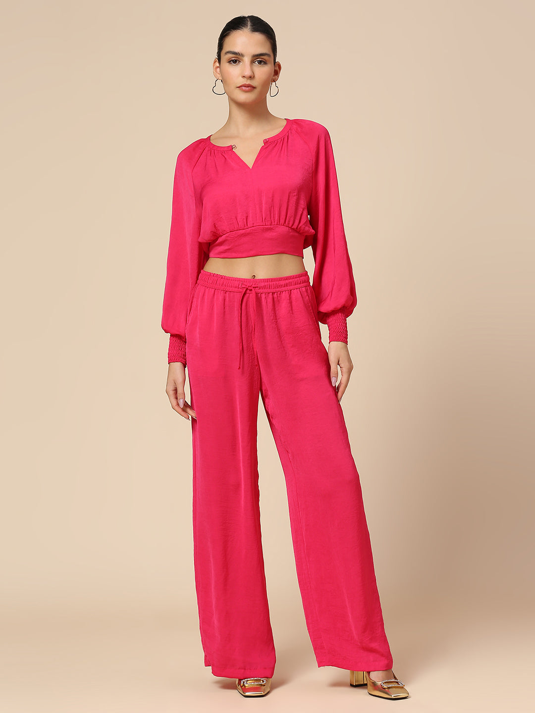 CRUSHED POLY CO-ORD SET WITH ROMANTIC SLEEVED CROP TOP & FLUID PULL ON PANTS