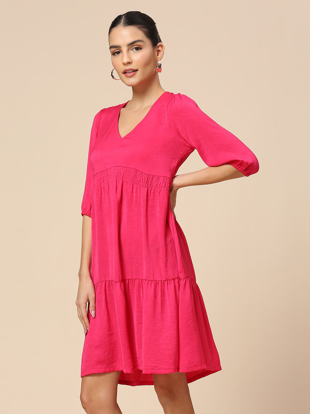 "V"- NECK CRUSHED POLY TIERED DRESS