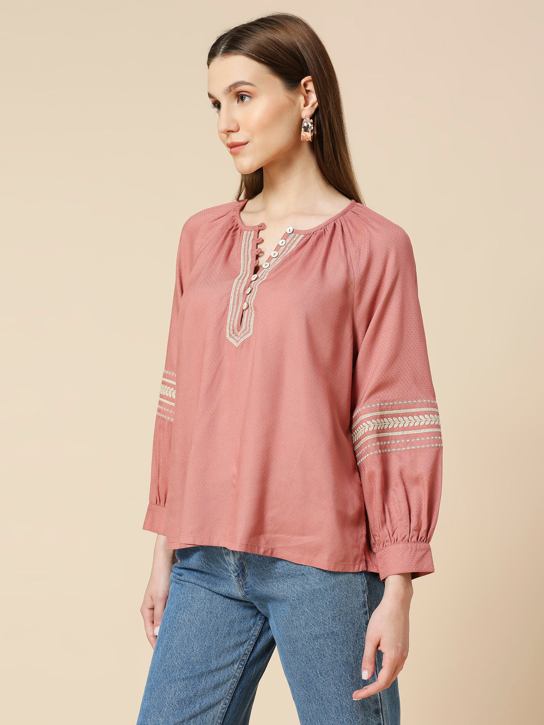 RAYON DOT DOBBY EMBROIDERED RAGLAN SLEEVED TUNIC TOP