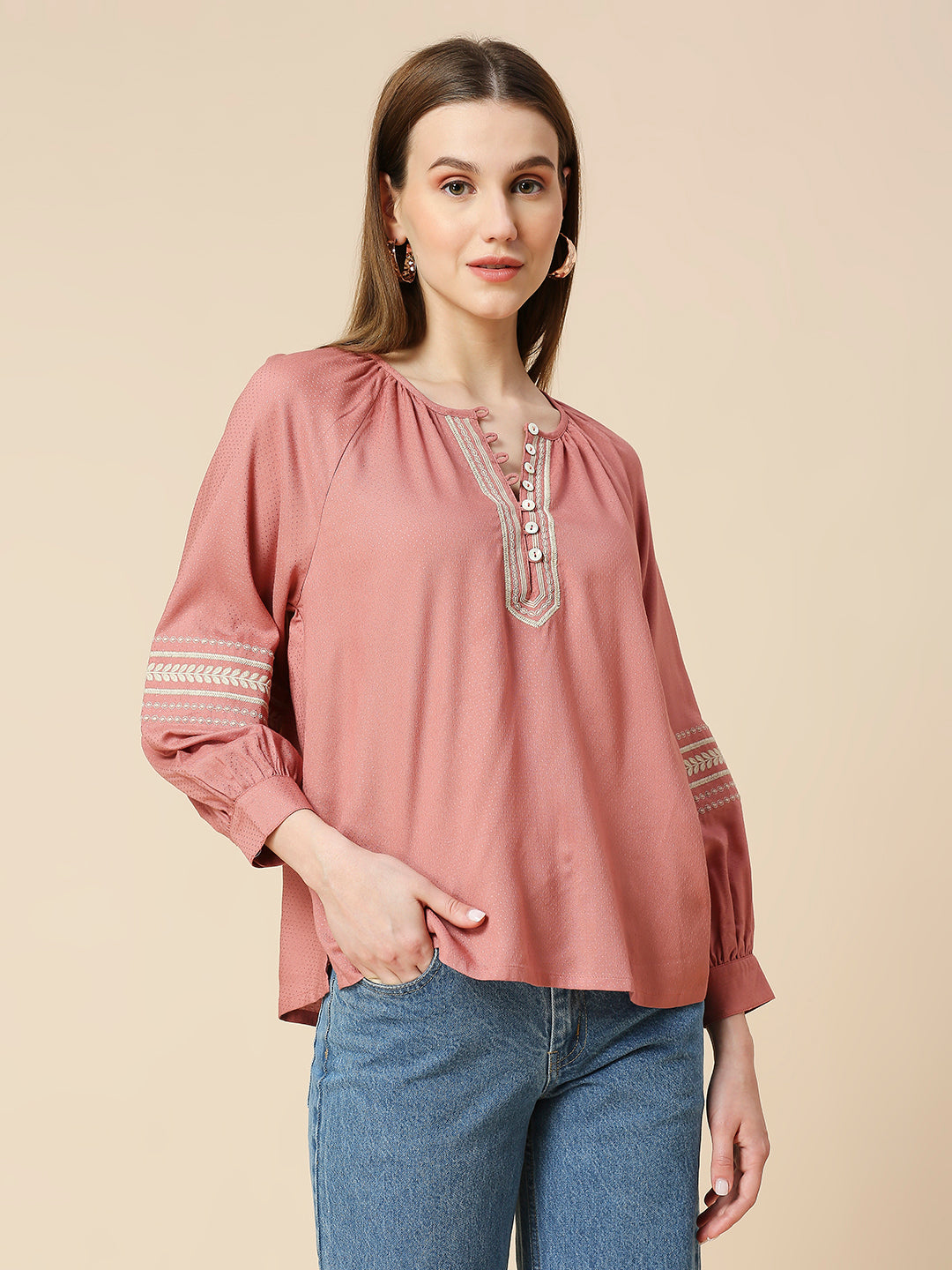 RAYON DOT DOBBY EMBROIDERED RAGLAN SLEEVED TUNIC TOP