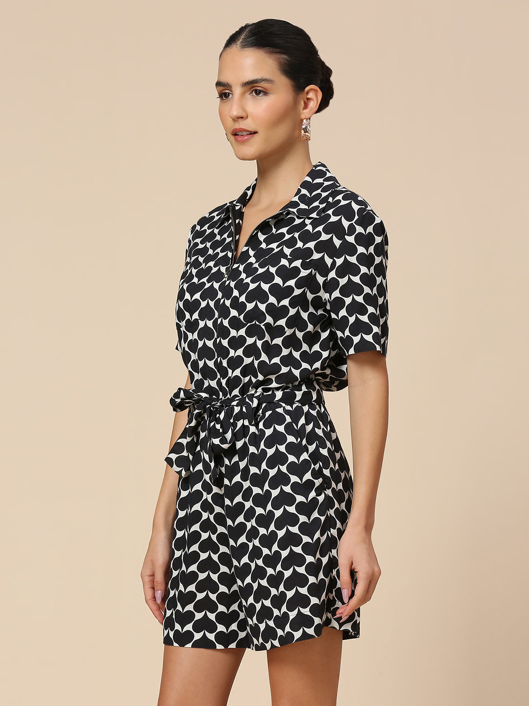 "FLIPPED HEARTS" PRINTED VISCOSE CINCHED WAIST ZIPPERED PLAYSUIT