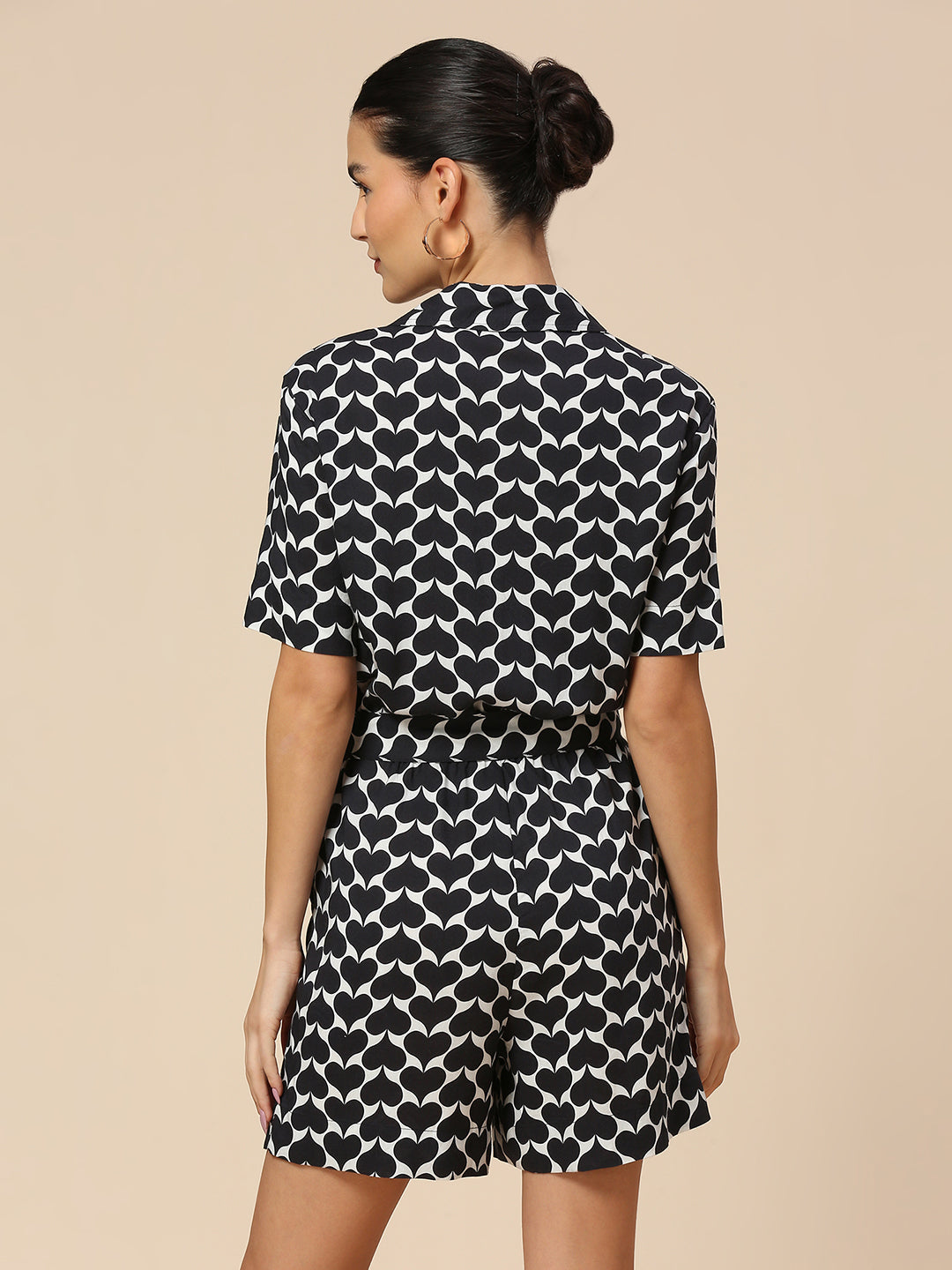 "FLIPPED HEARTS" PRINTED VISCOSE CINCHED WAIST ZIPPERED PLAYSUIT