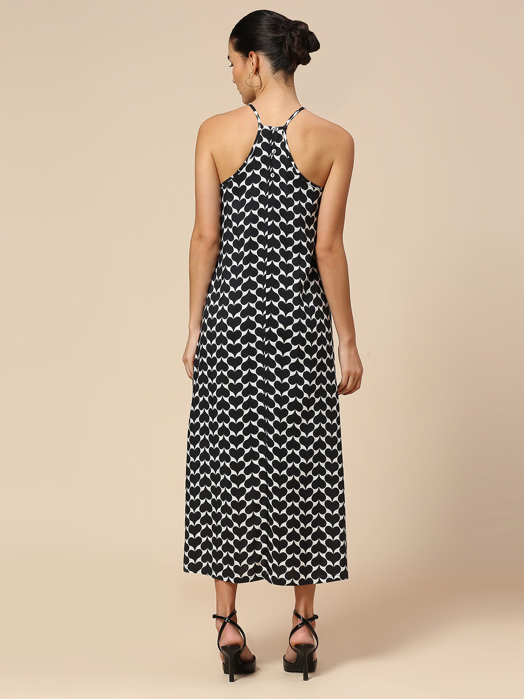 "FLIPPED-HEARTS" PRINTED RAYON HALTER A-LINE DRESS W/ EMBELLISHED CORSAGE