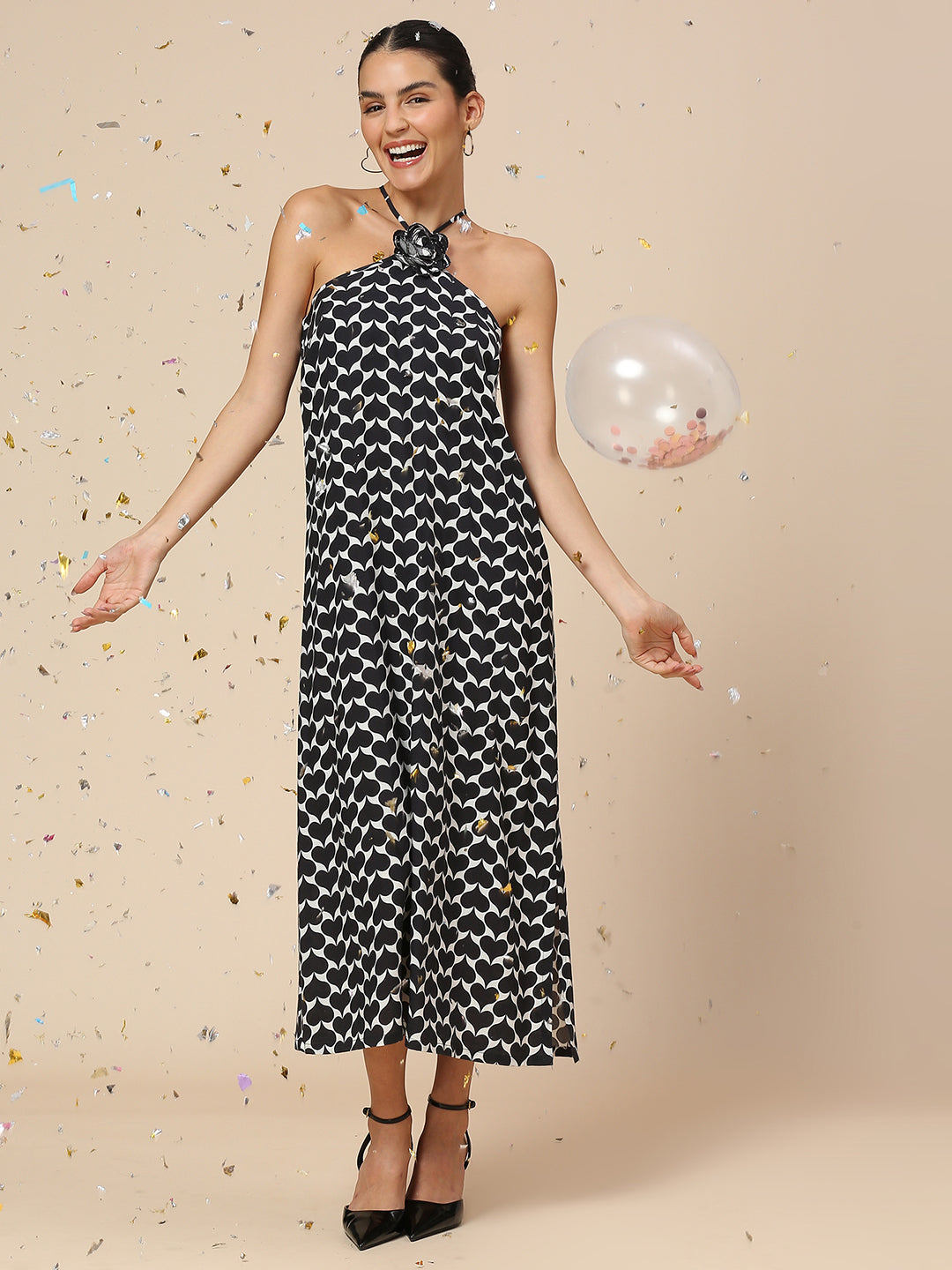 "FLIPPED-HEARTS" PRINTED RAYON HALTER A-LINE DRESS W/ EMBELLISHED CORSAGE