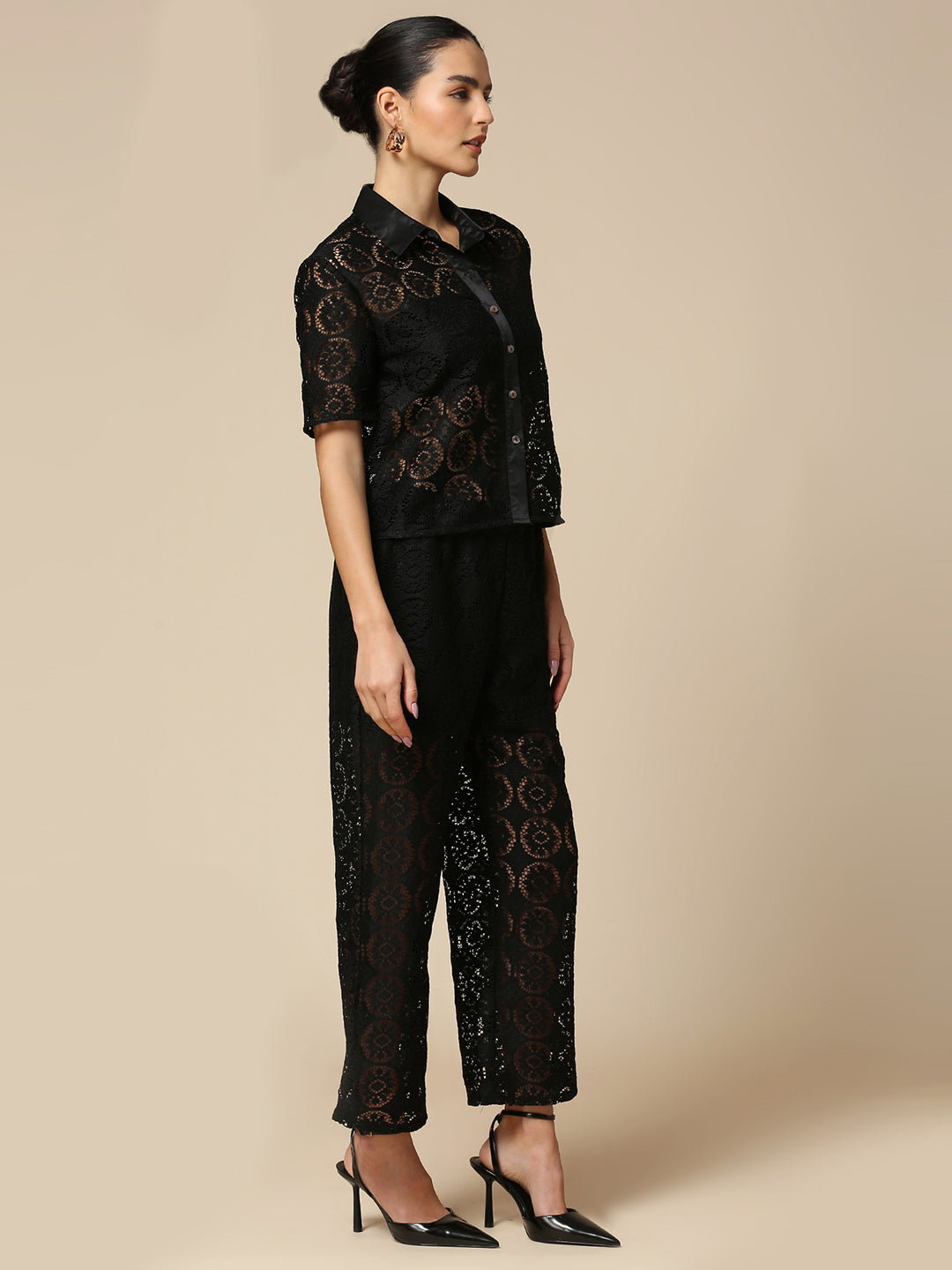 LACE HEAD TO TOE CO-ORD SET WITH SATIN TRIMMED SHIRT & LINED PULL ON PANTS