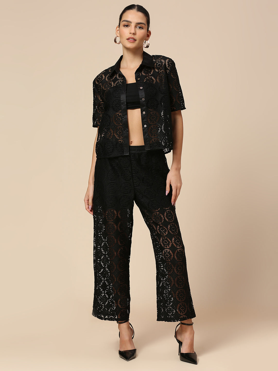 LACE HEAD TO TOE CO-ORD SET WITH SATIN TRIMMED SHIRT & LINED PULL ON PANTS