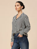 LAPEL COLLAR VISCOSE CREPE STRIPED FLUID SHIRT