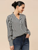 LAPEL COLLAR VISCOSE CREPE STRIPED FLUID SHIRT