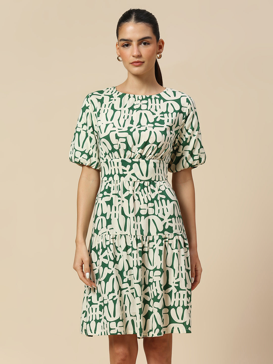 OVERBLOWN CACTUS PRINTED MODAL CUT OUT BACK WAISTED DRESS