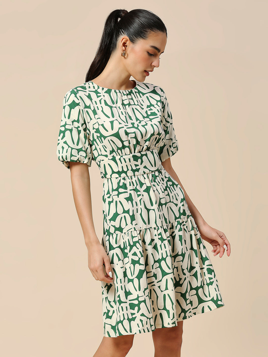OVERBLOWN CACTUS PRINTED MODAL CUT OUT BACK WAISTED DRESS