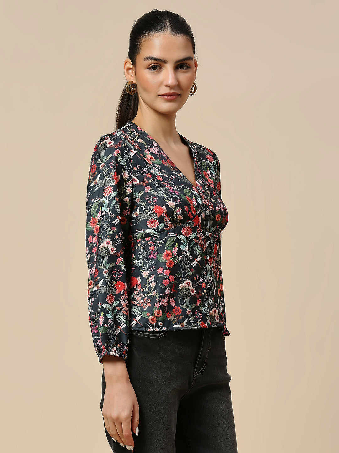 FLORAL PRINTED SATIN EMPIRE LINE TOP