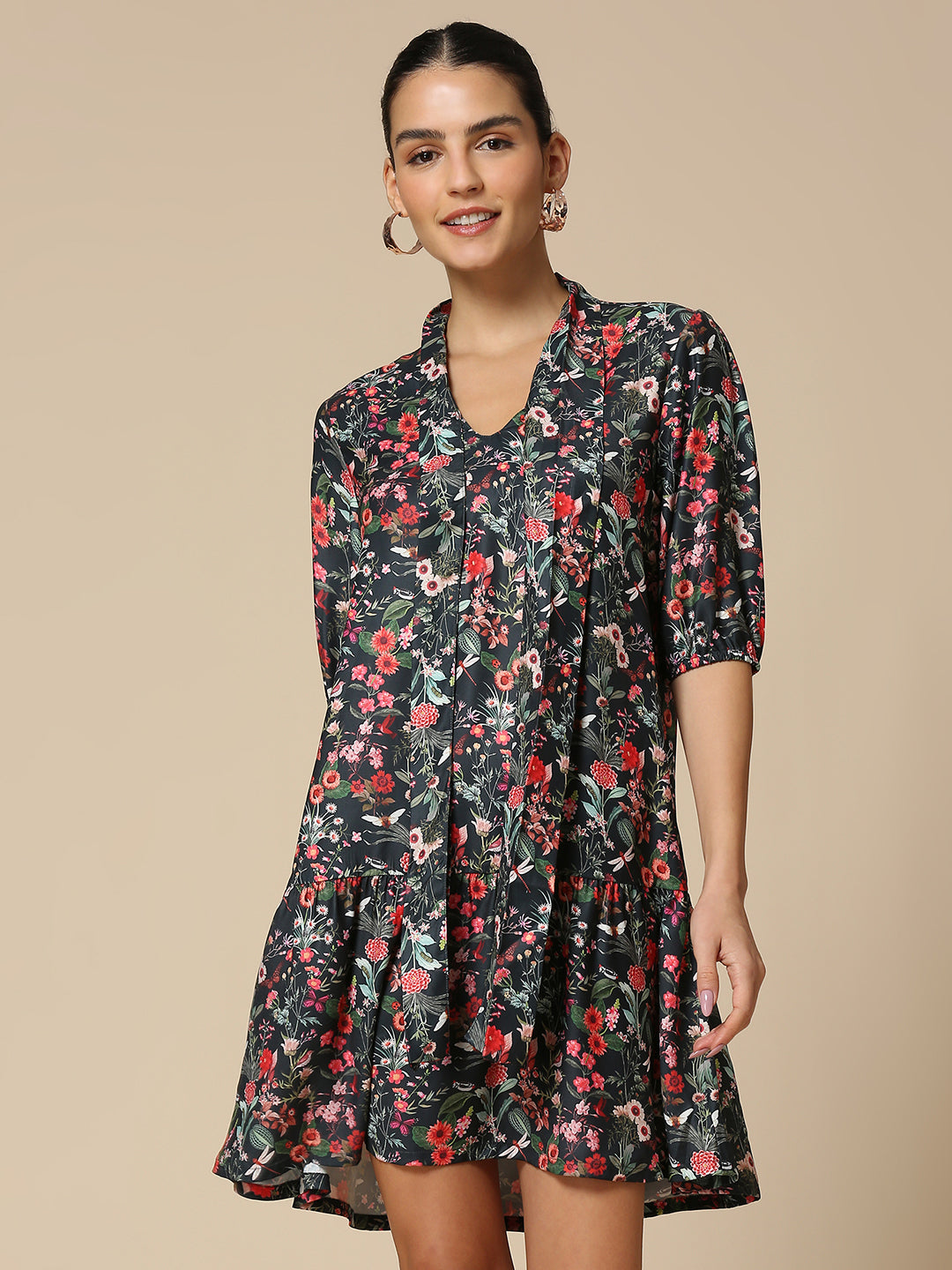 FLORAL PRINTED SATIN TIE - NECK TIERED SWING DRESS