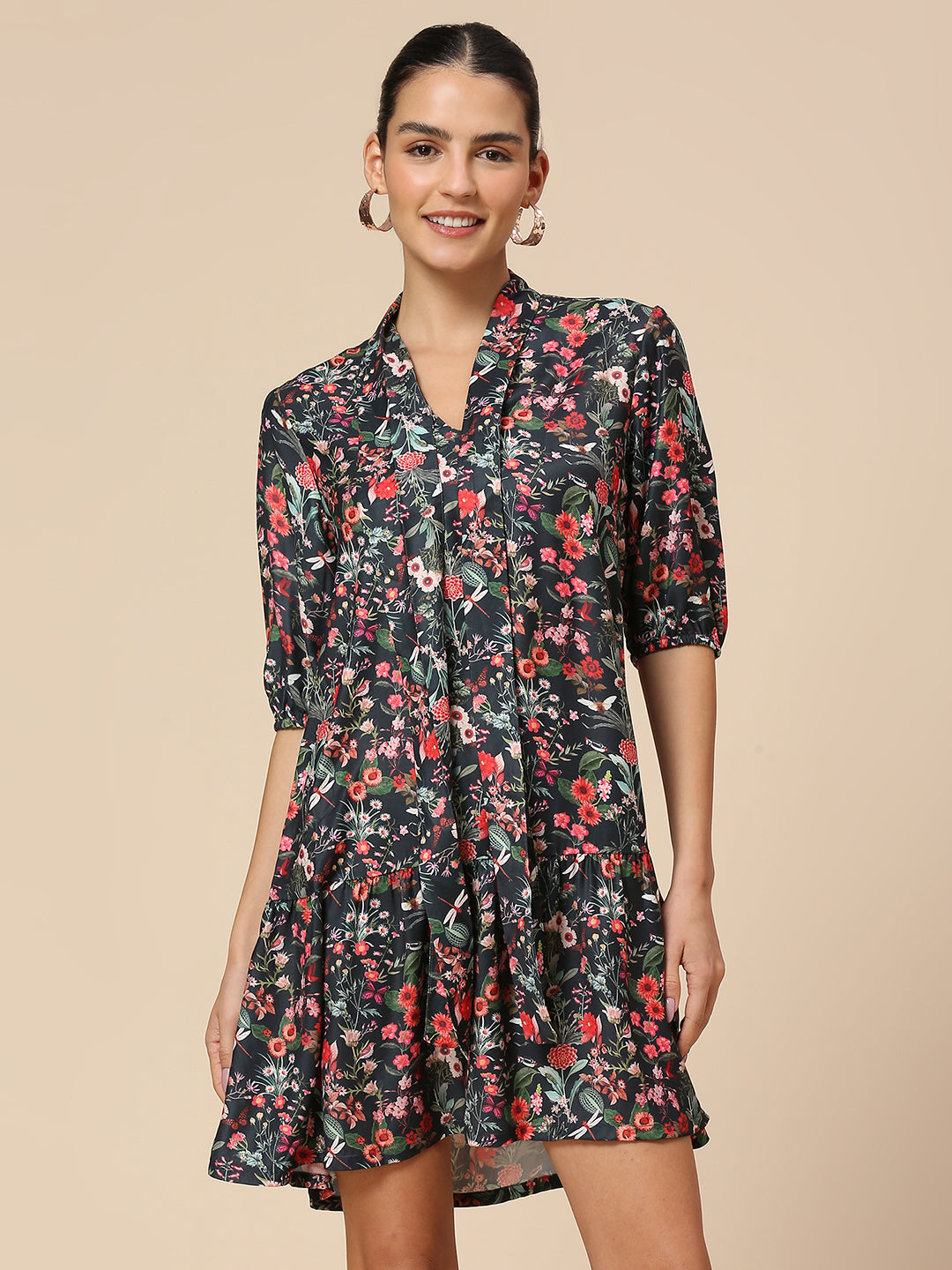 FLORAL PRINTED SATIN TIE - NECK TIERED SWING DRESS