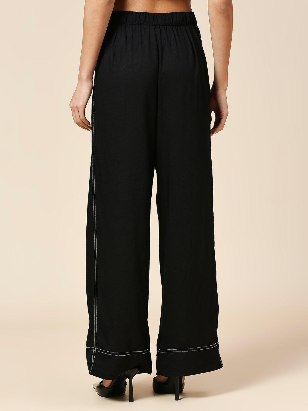 TEXTURED VISCOSE DOBBY PLEATED FLUID PANTS WITH CONTRAST STITCH DETAILING