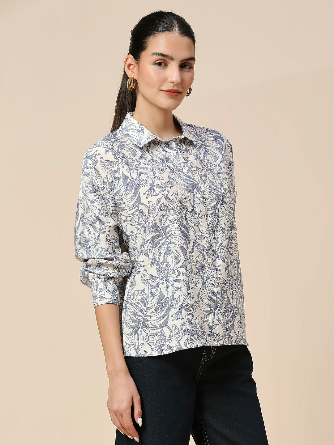 PRINTED CRUSHED VISCOSE POLYAMIDE DROP SHOULDER SHIRT