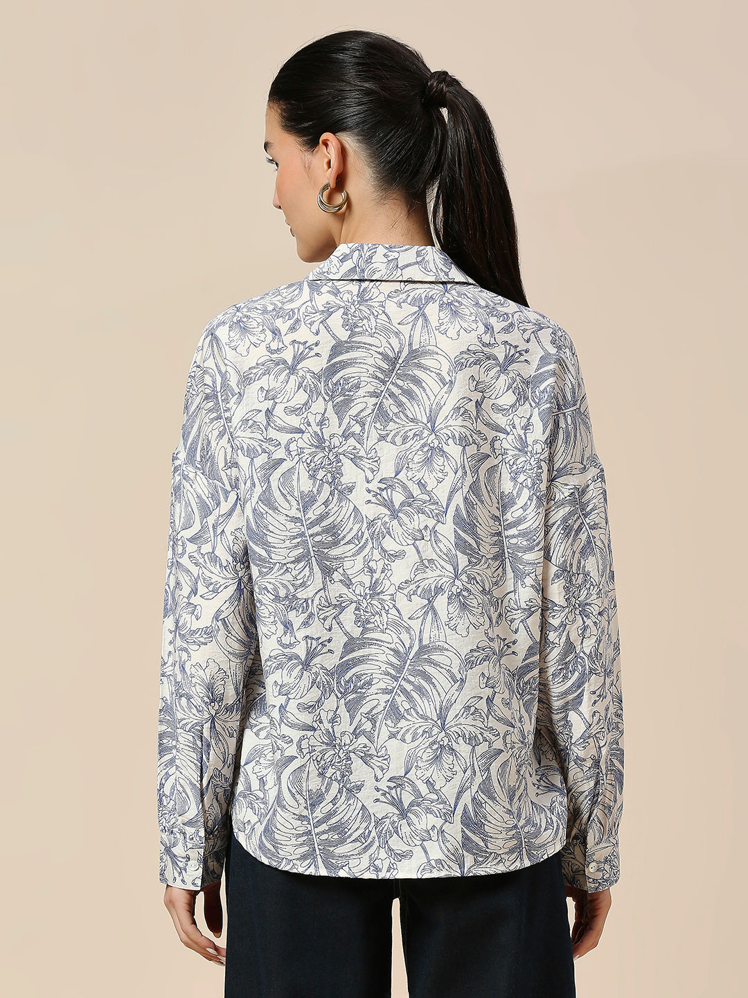 PRINTED CRUSHED VISCOSE POLYAMIDE DROP SHOULDER SHIRT