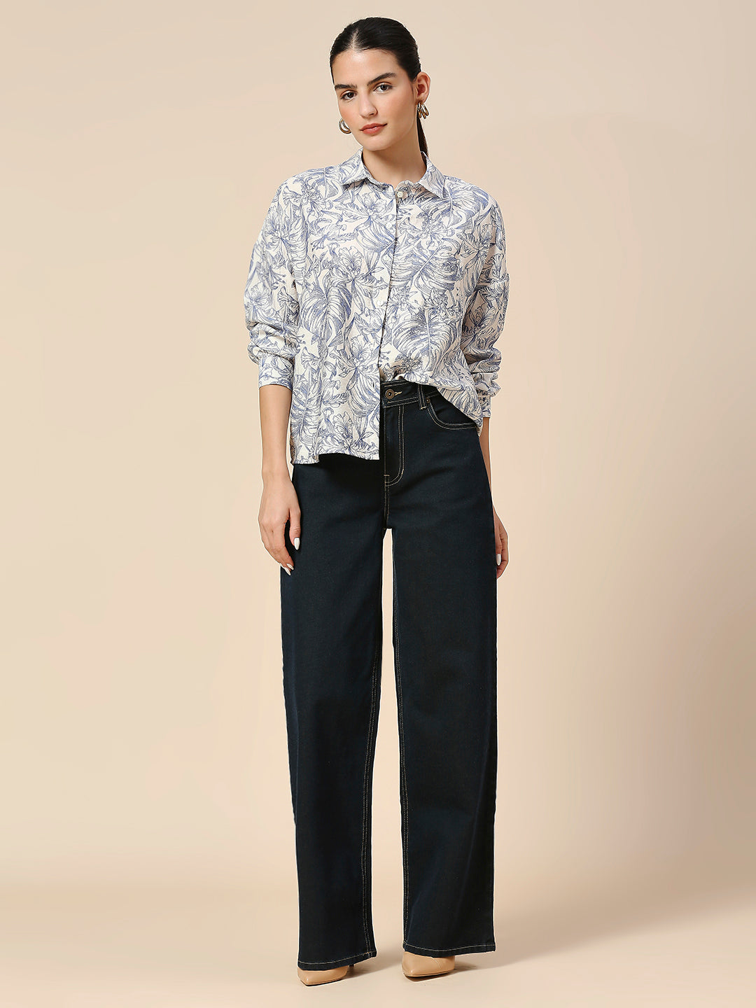 PRINTED CRUSHED VISCOSE POLYAMIDE DROP SHOULDER SHIRT