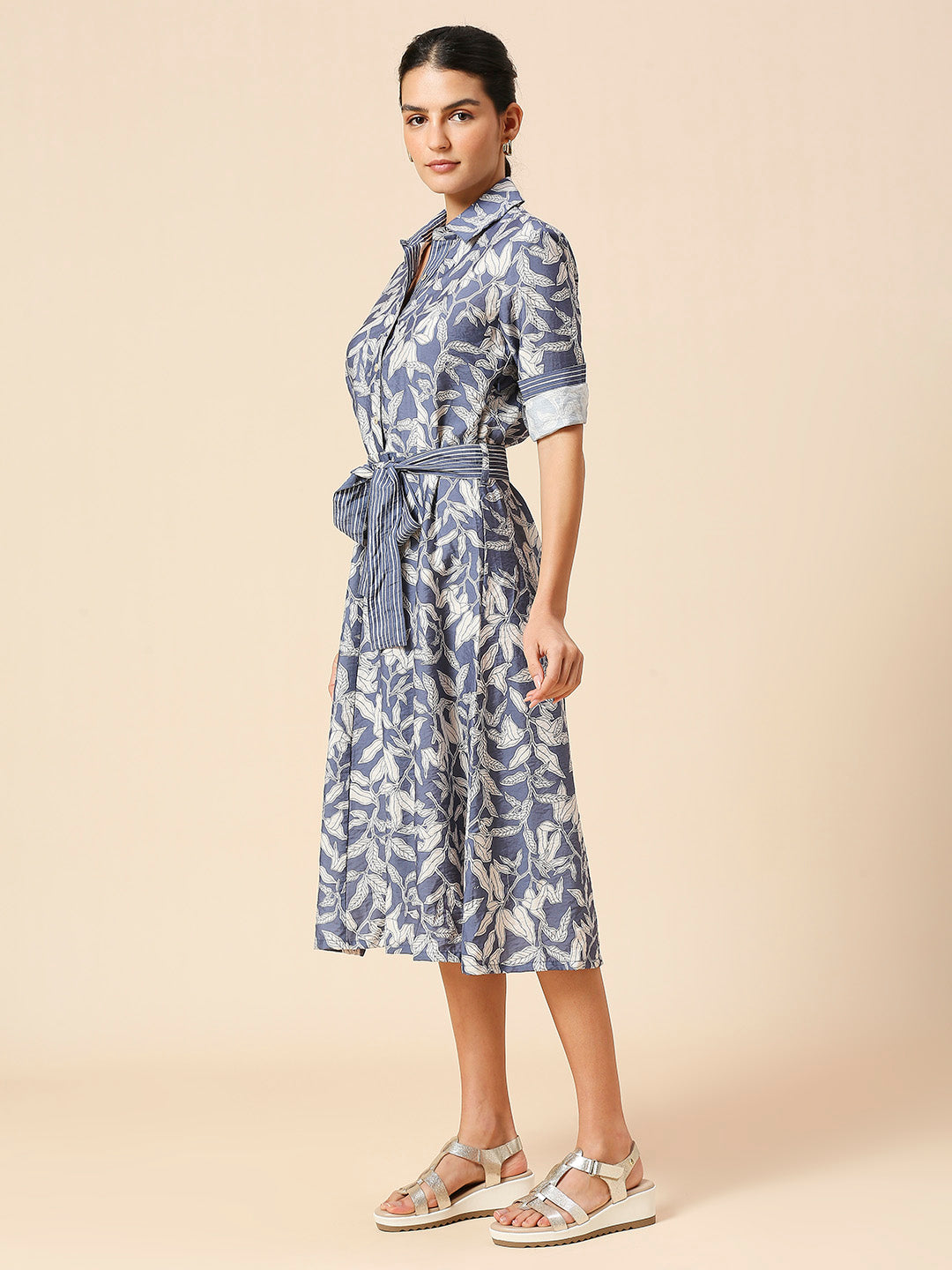 LEAF PRINTED CRUSHED VISCOSE POLYAMIDE FIT N FLARED SHIRT DRESS