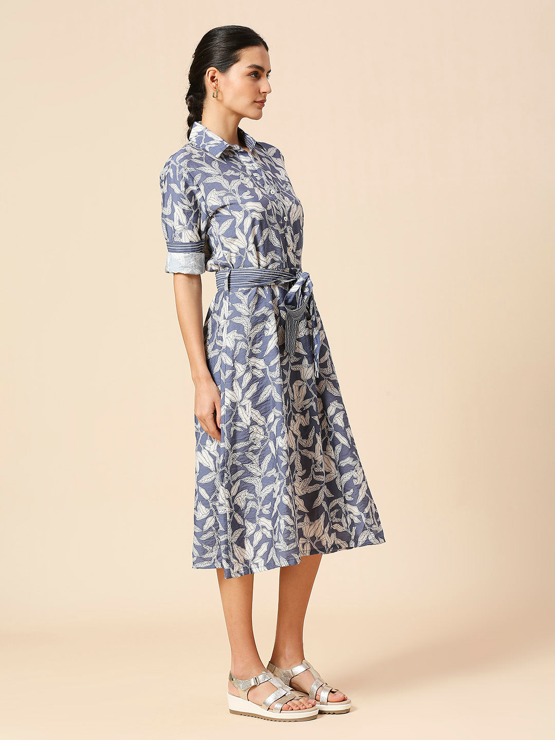 LEAF PRINTED CRUSHED VISCOSE POLYAMIDE FIT N FLARED SHIRT DRESS