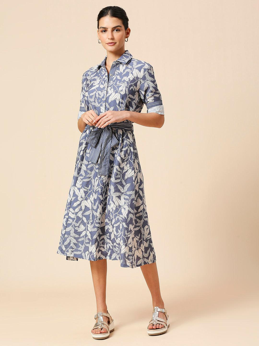 LEAF PRINTED CRUSHED VISCOSE POLYAMIDE FIT N FLARED SHIRT DRESS