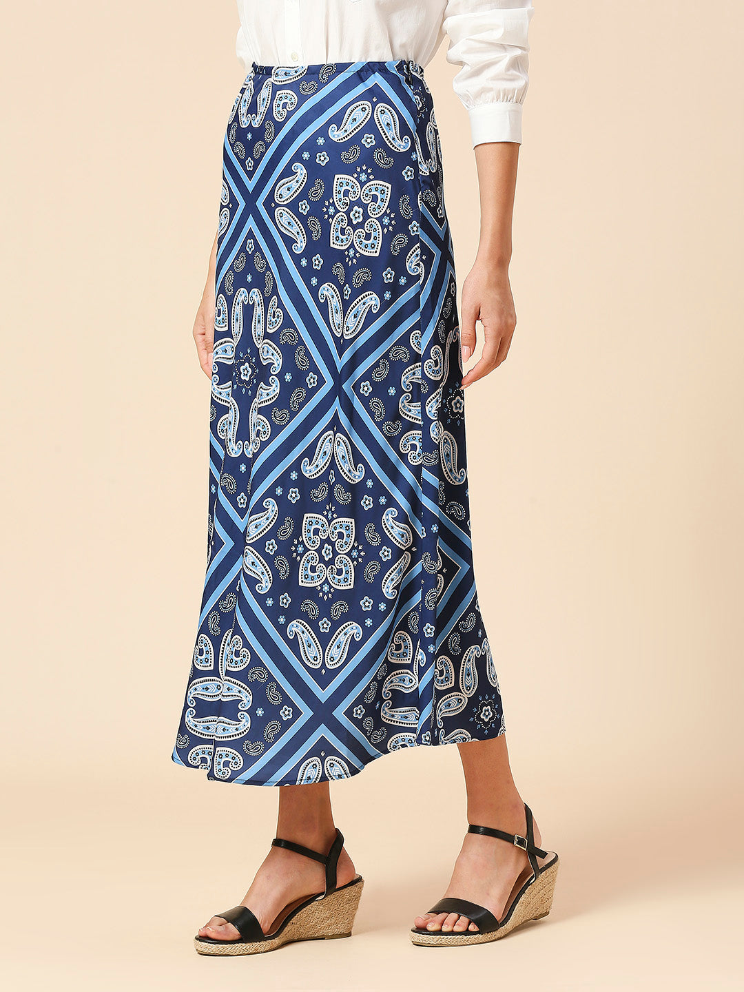 BANDANA PRINTED SATIN BIAS CUT SKIRT