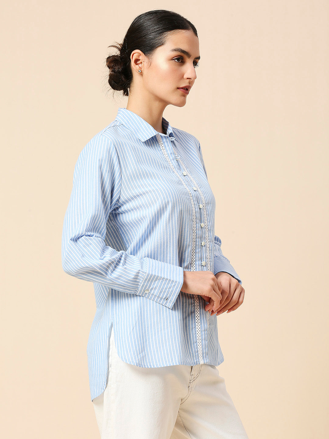 COTTON STRIPED LONGLINE SHIRT W/ LACE INSERTS