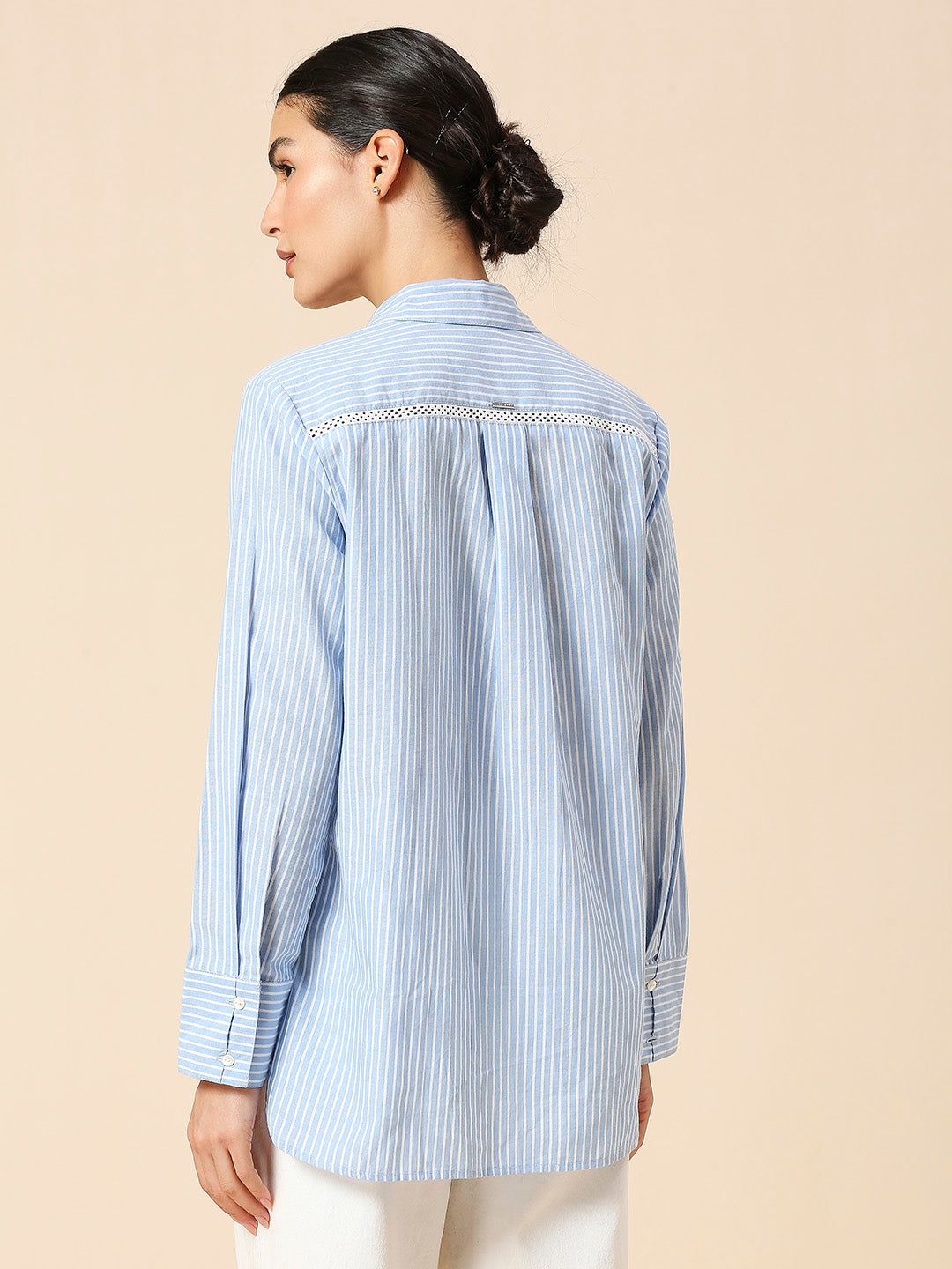 COTTON STRIPED LONGLINE SHIRT W/ LACE INSERTS