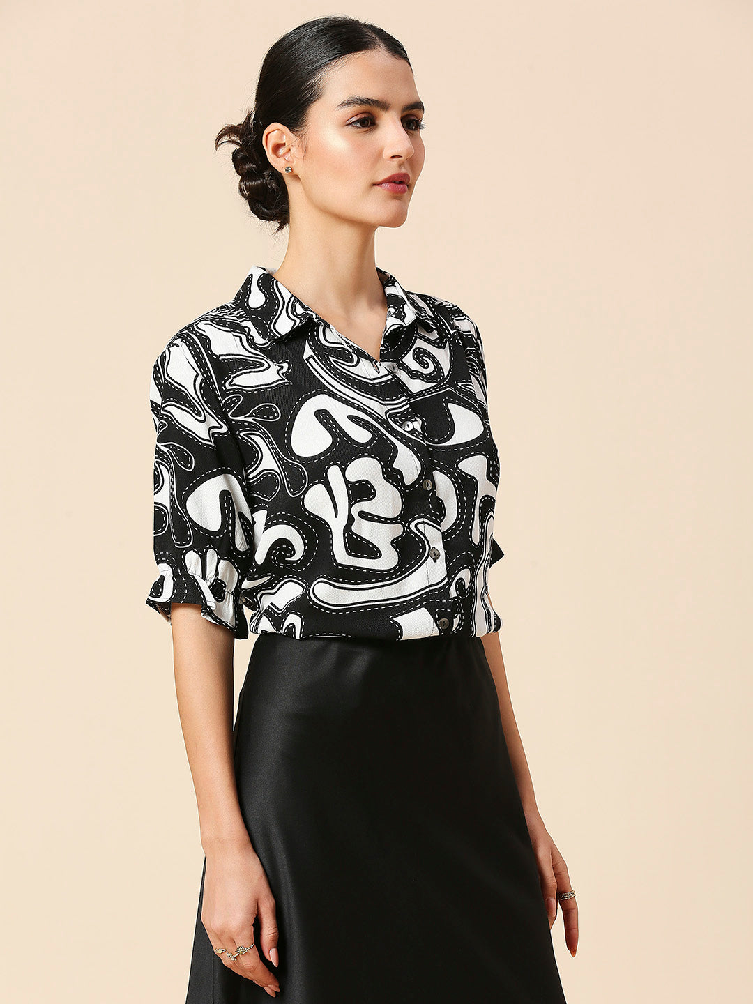 VISCOSE CREPE TWILL GRAPHIC PRINTED PUFF SLEEVE SHIRT