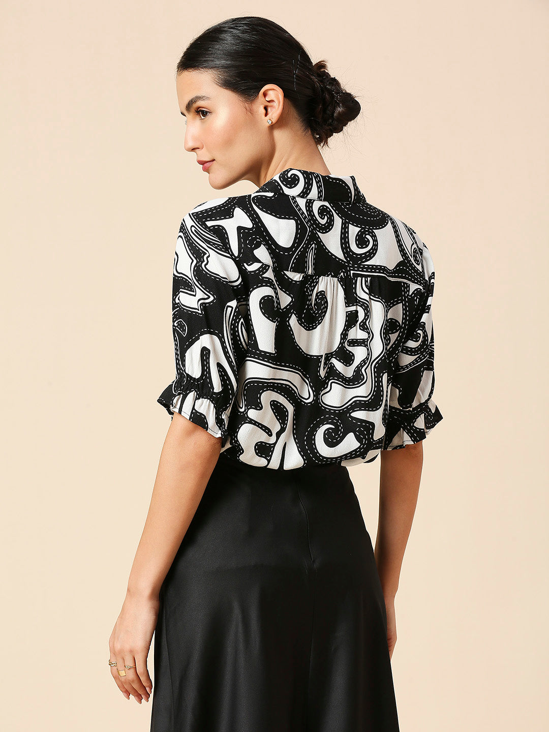 VISCOSE CREPE TWILL GRAPHIC PRINTED PUFF SLEEVE SHIRT