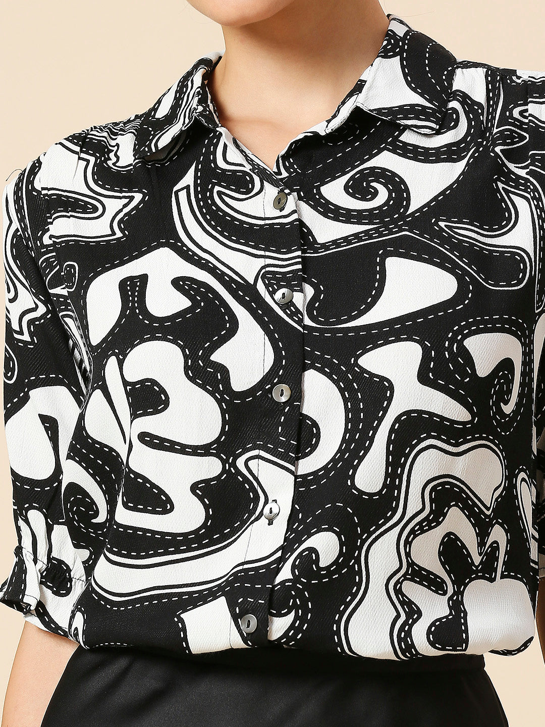 VISCOSE CREPE TWILL GRAPHIC PRINTED PUFF SLEEVE SHIRT