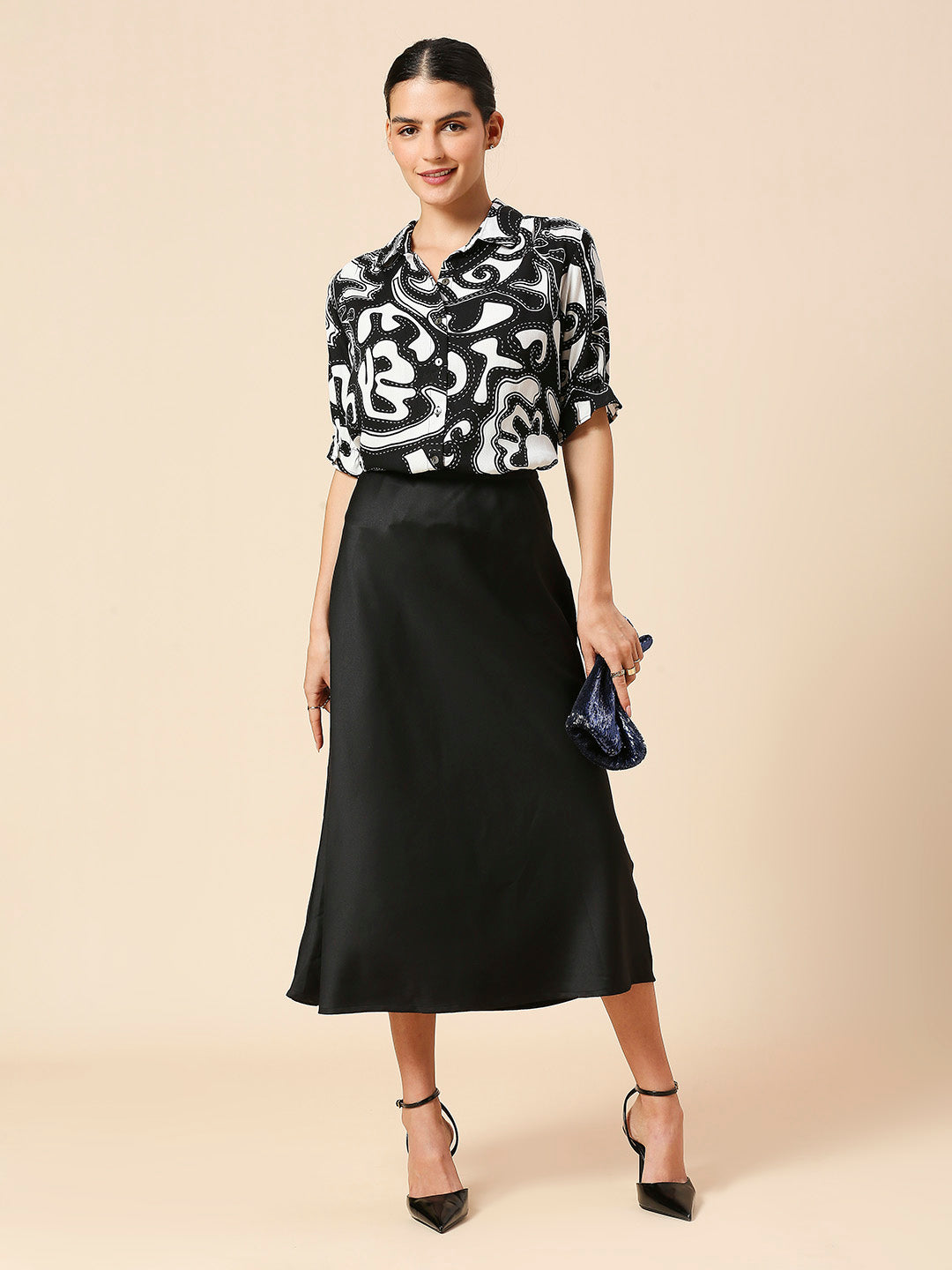 VISCOSE CREPE TWILL GRAPHIC PRINTED PUFF SLEEVE SHIRT