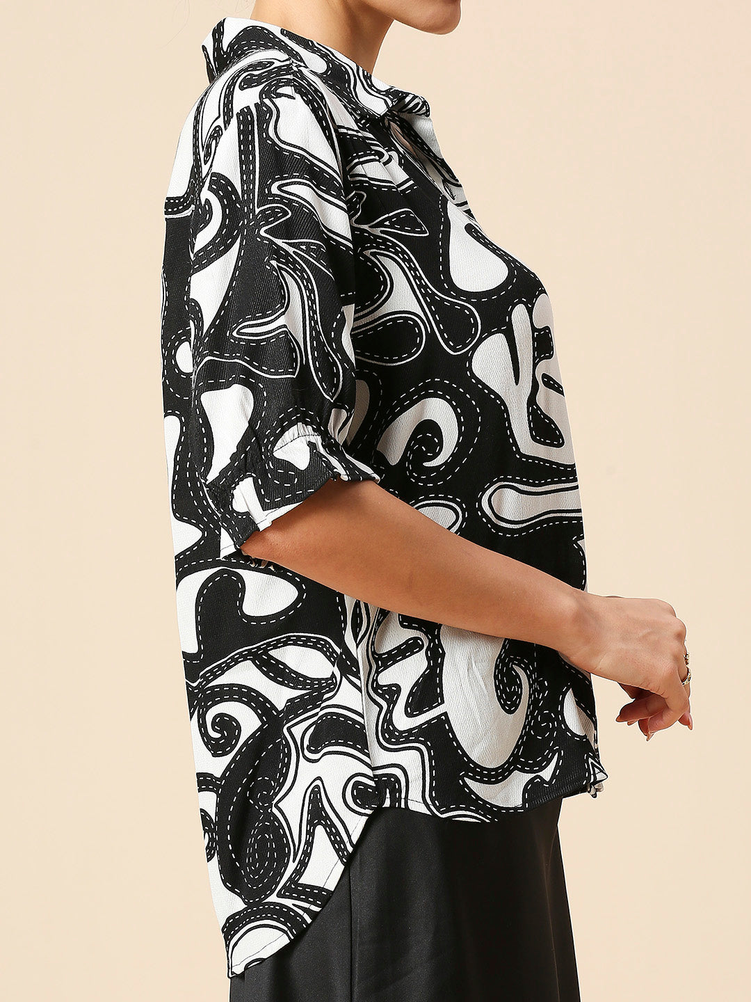 VISCOSE CREPE TWILL GRAPHIC PRINTED PUFF SLEEVE SHIRT