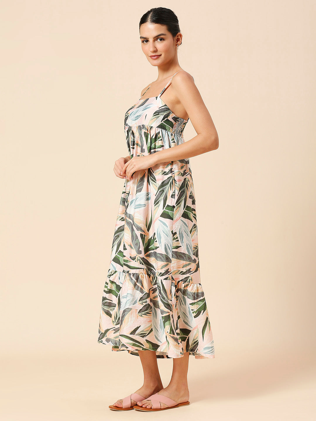TROPICAL PRINTED CRUSHED VISCOSE POLYAMIDE TIERED SUMMER DRESS