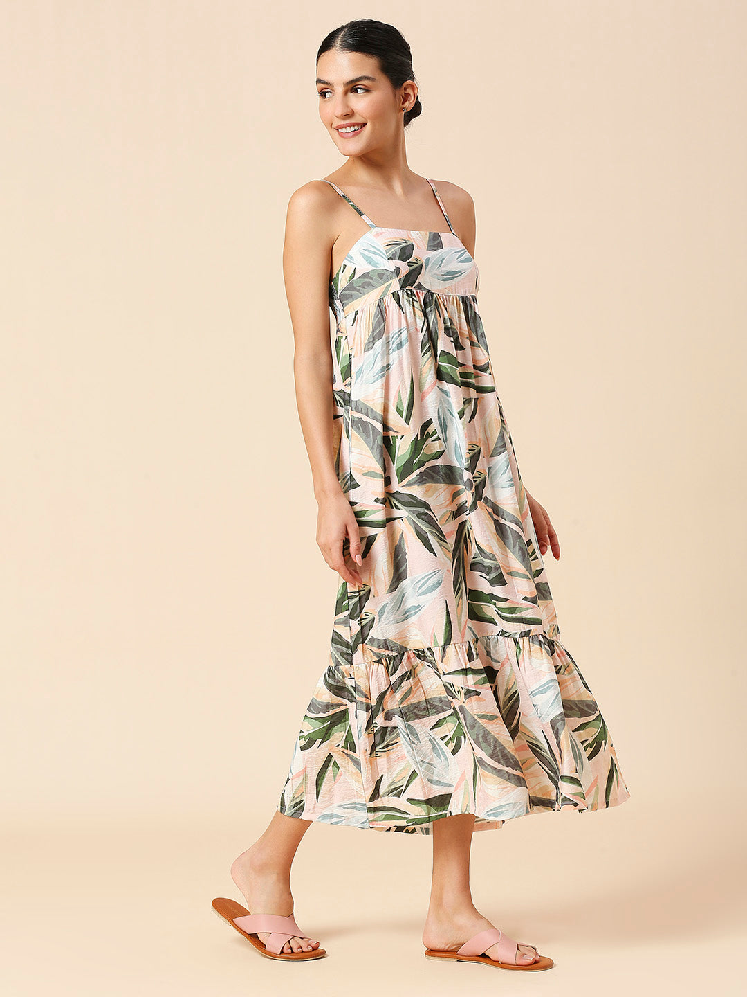TROPICAL PRINTED CRUSHED VISCOSE POLYAMIDE TIERED SUMMER DRESS