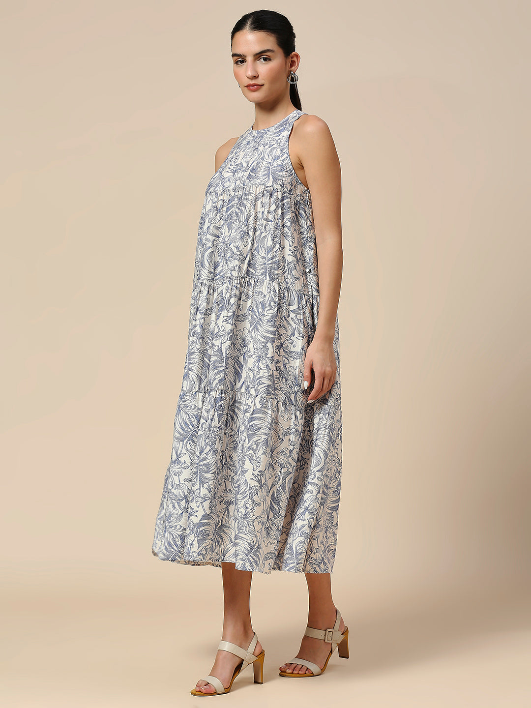 CRUSHED VISCOSE LINE FLORAL PRINTED TIERED DRESS