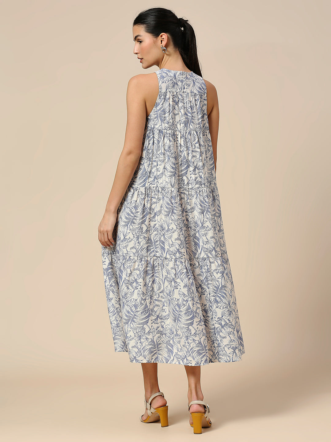 CRUSHED VISCOSE LINE FLORAL PRINTED TIERED DRESS