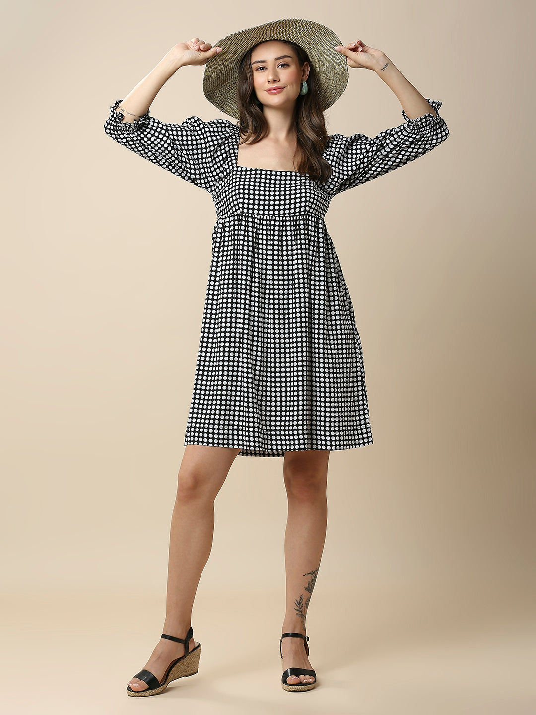 TIC TAC DOT PRINTED VISCOSE SMOCKED DRESS