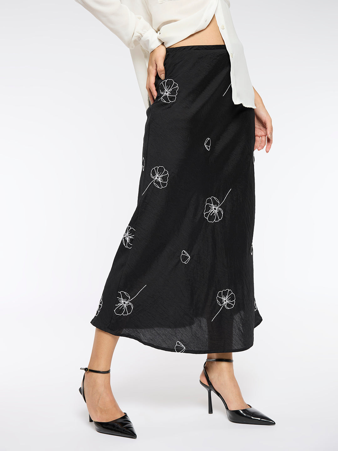 CRUSHED SATIN EMBROIDERED BIAS SKIRT