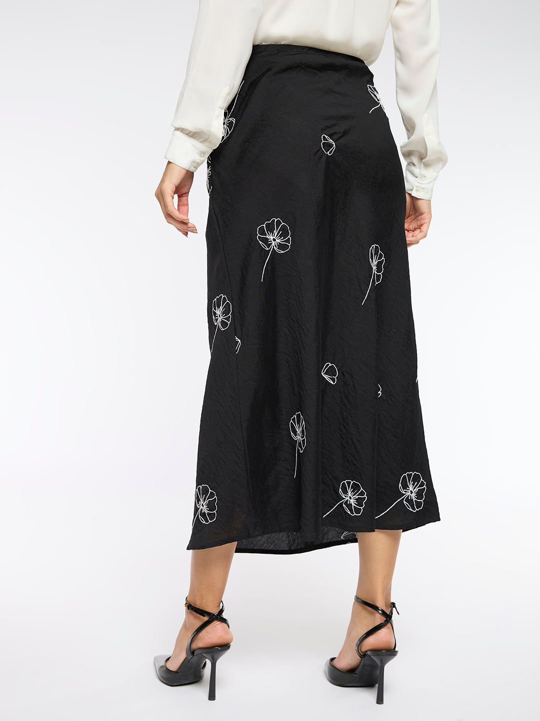 CRUSHED SATIN EMBROIDERED BIAS SKIRT