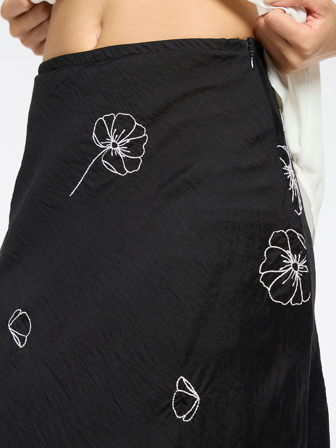 CRUSHED SATIN EMBROIDERED BIAS SKIRT