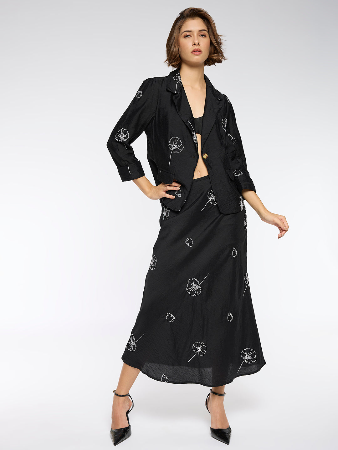 CRUSHED SATIN EMBROIDERED BIAS SKIRT