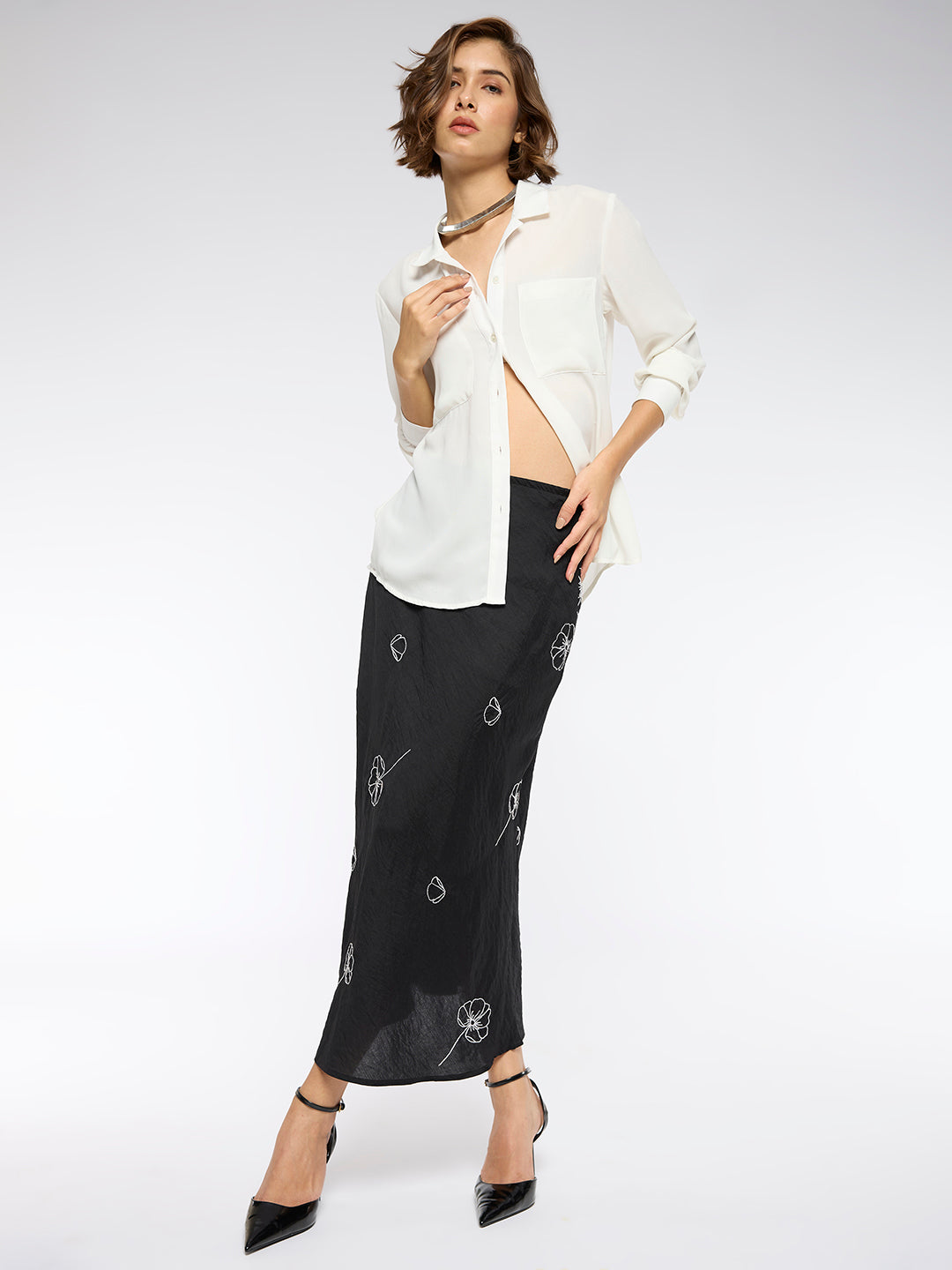 CRUSHED SATIN EMBROIDERED BIAS SKIRT