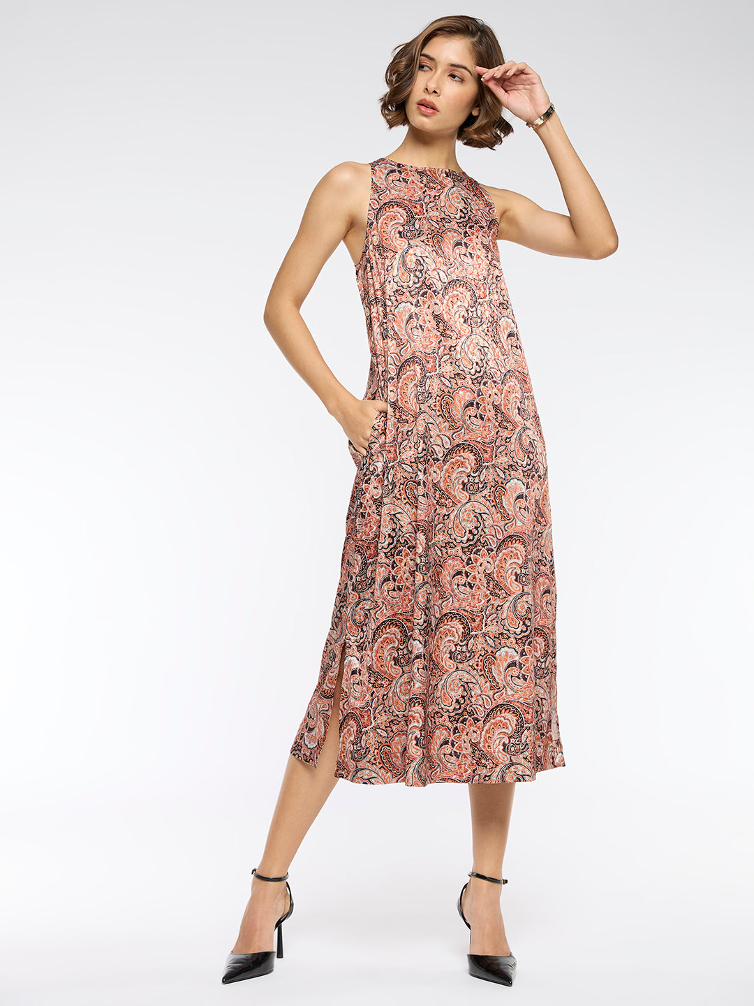 PAISLEY SATIN JACQUARD INCUT A-LINE DRESS