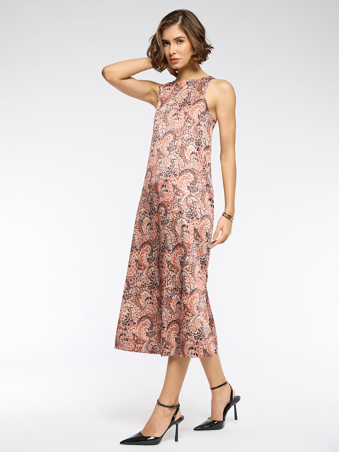 PAISLEY SATIN JACQUARD INCUT A-LINE DRESS