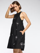 CRUSHED VISCOSE EMBROIDERED TIERED DRESS