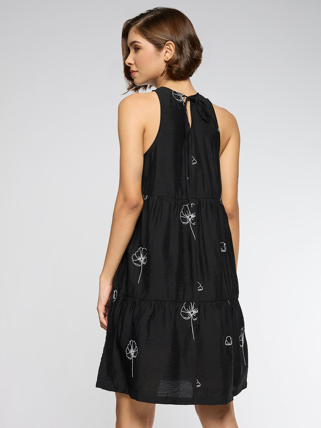 CRUSHED VISCOSE EMBROIDERED TIERED DRESS