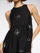 CRUSHED VISCOSE EMBROIDERED TIERED DRESS