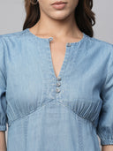 Cotton Tencel Denim gathered Basque Panelled A-Line Dress