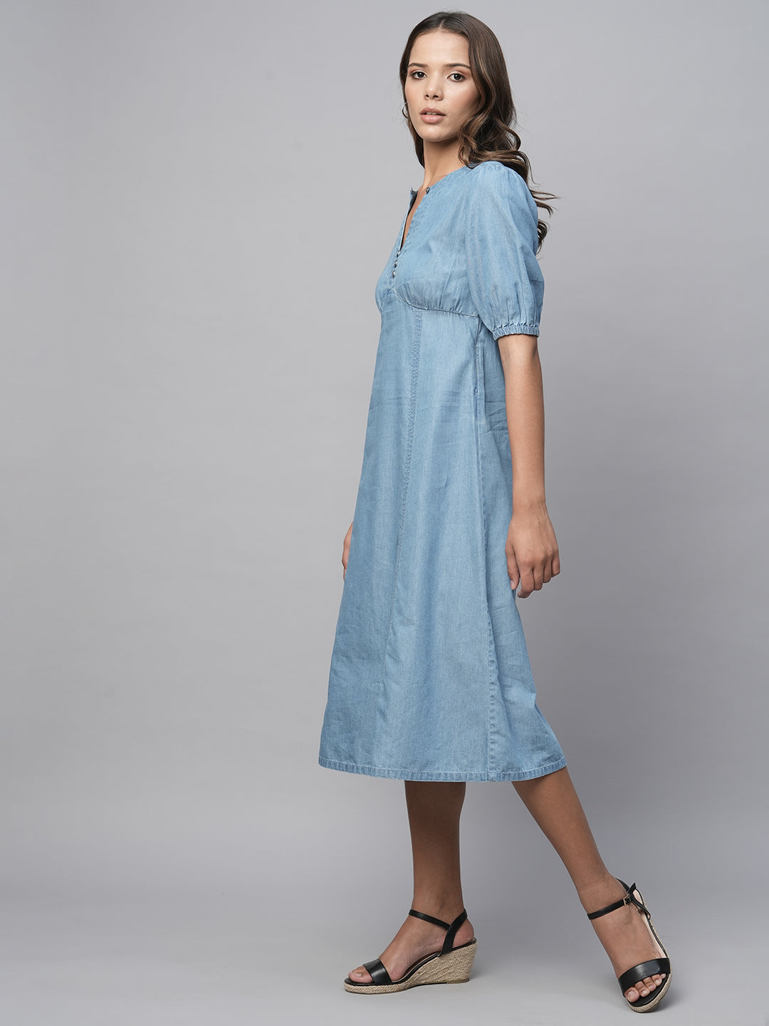 Cotton Tencel Denim gathered Basque Panelled A-Line Dress